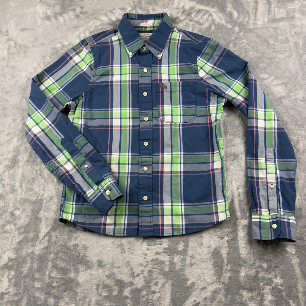 Abercrombie & Fitch Muscle Fit Plaid Button Down Shirt Blue Green Pink Mens S